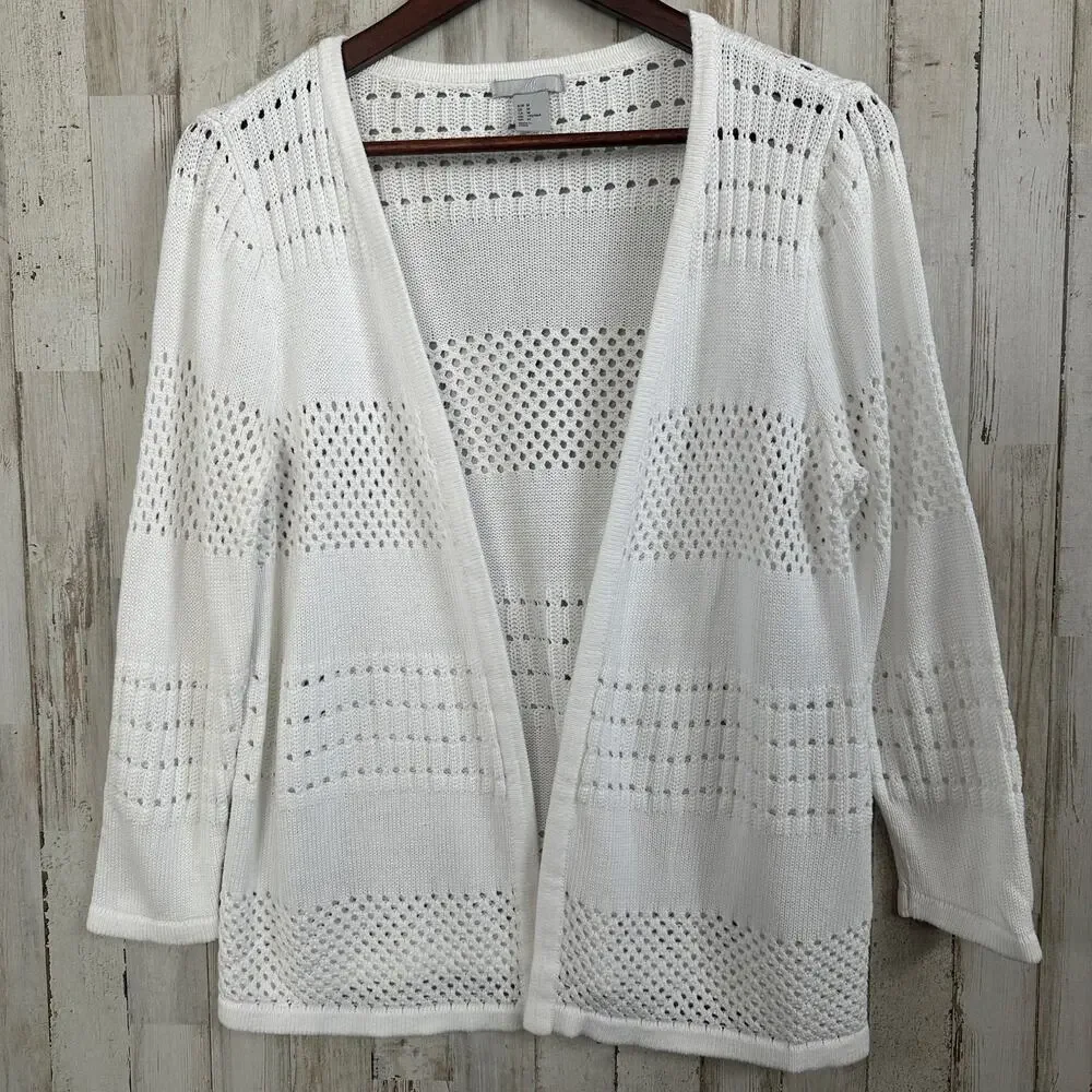 Open Crochet Kimono Cardigan Sweater White Medium Coastal Boho Cottagecore EUC